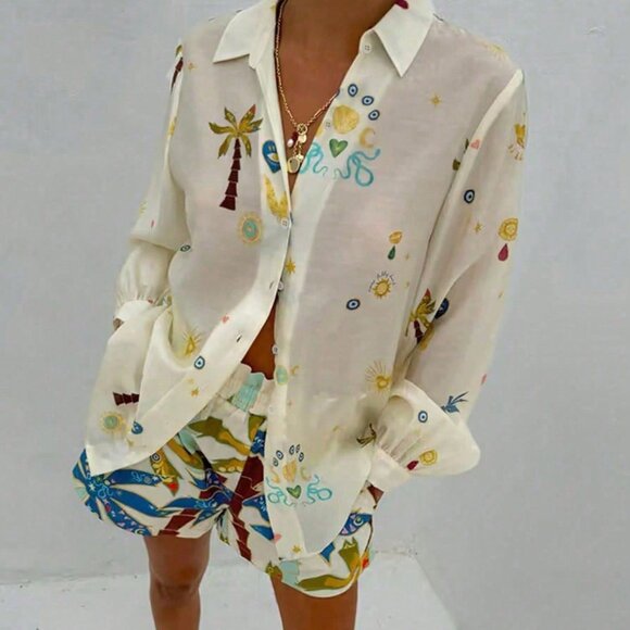 Tops - Apricot Casual Women's Tropical Print Shirt & Shorts Set